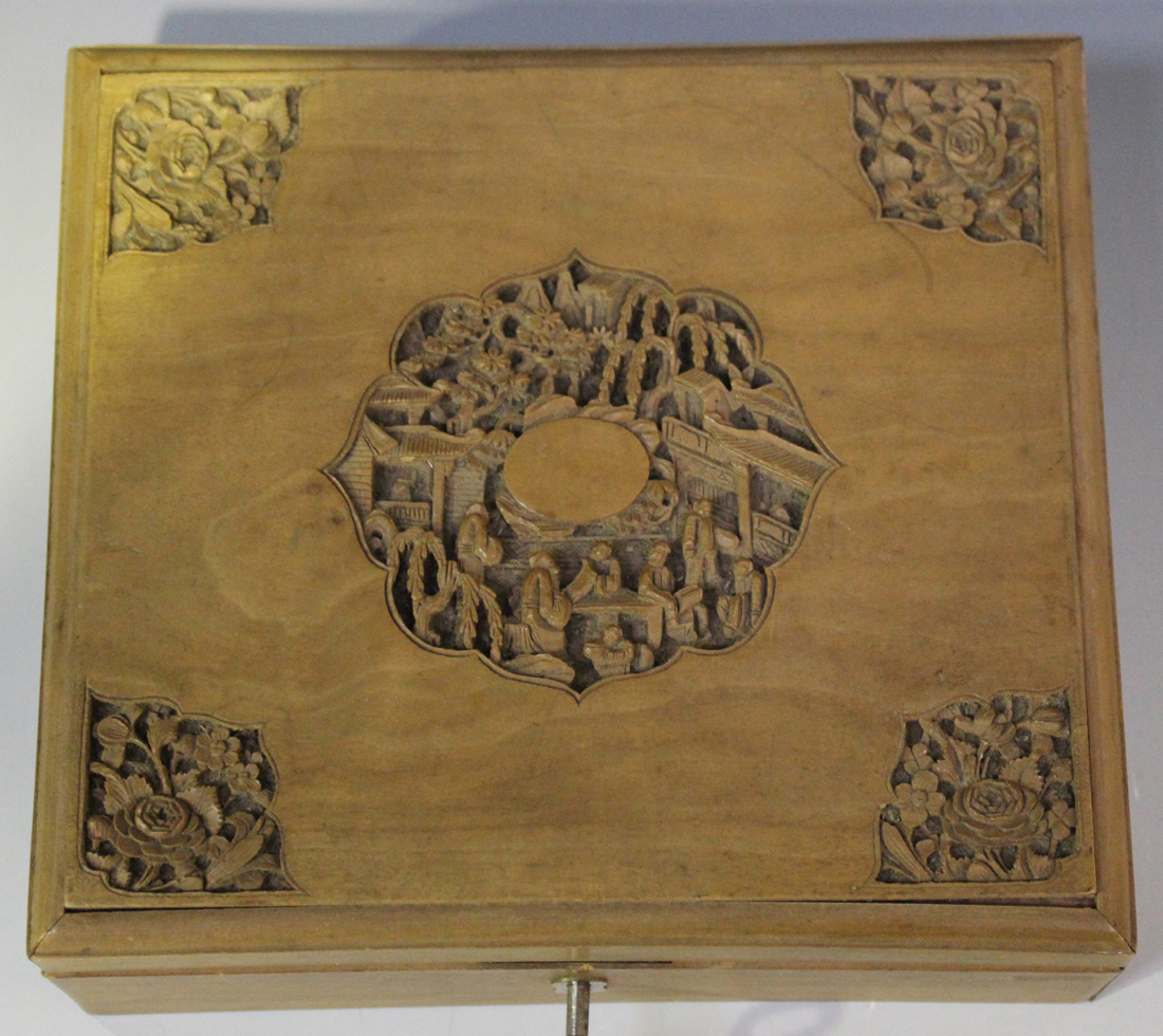 A Chinese Canton sandalwood counter box, late 19th century, the hinged lid carved in relief with a - Image 3 of 3