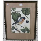 R.M. Linington - 'Bullfinch', watercolour, signed recto, titled verso, 34cm x 24cm, within a painted