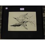 British School - Seagulls attacking a Grebe, pen and ink drawing, 16.5cm x 24cm, within a black