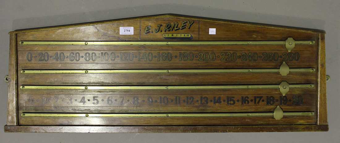 A mid-20th century walnut snooker scoreboard of arched form by E.J. Riley Limited, width 90cm,