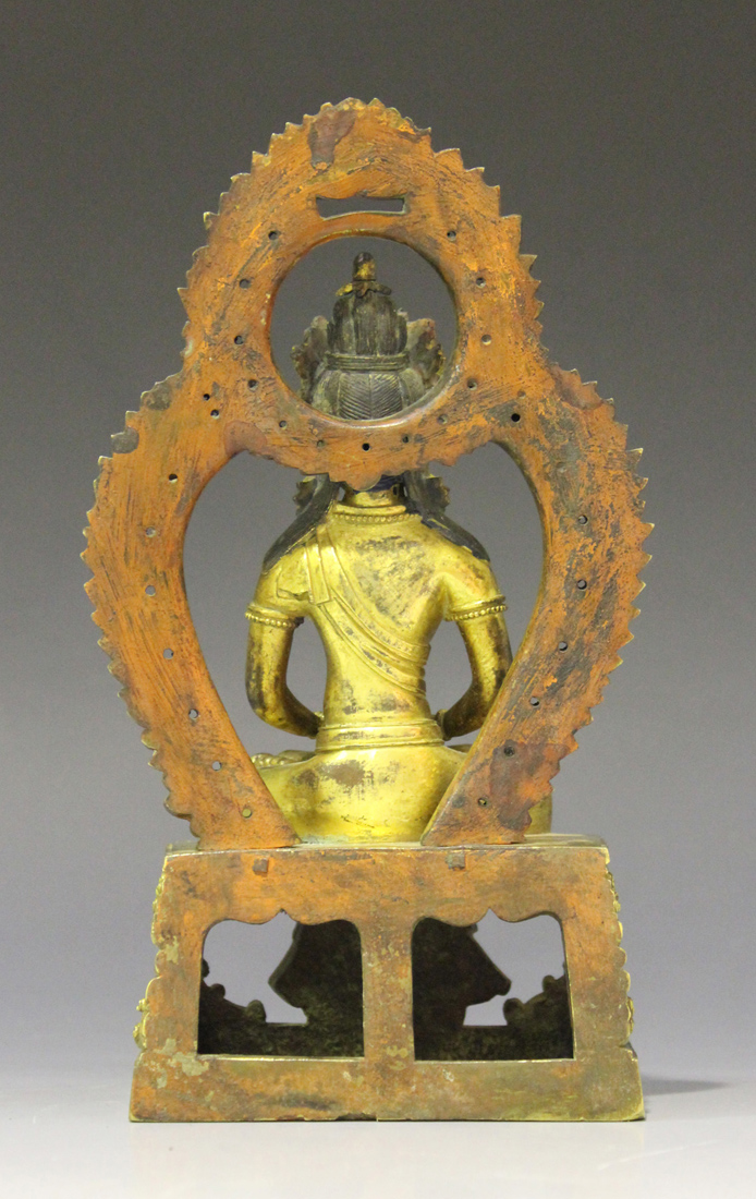 A Sino-Tibetan gilt bronze figure of Amitayus, mark of Qianlong but probably later, modelled - Image 5 of 6