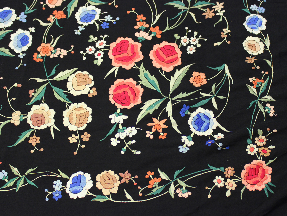 Two Chinese black silk embroidered shawls, early 20th century, each finely worked in coloured - Image 6 of 6