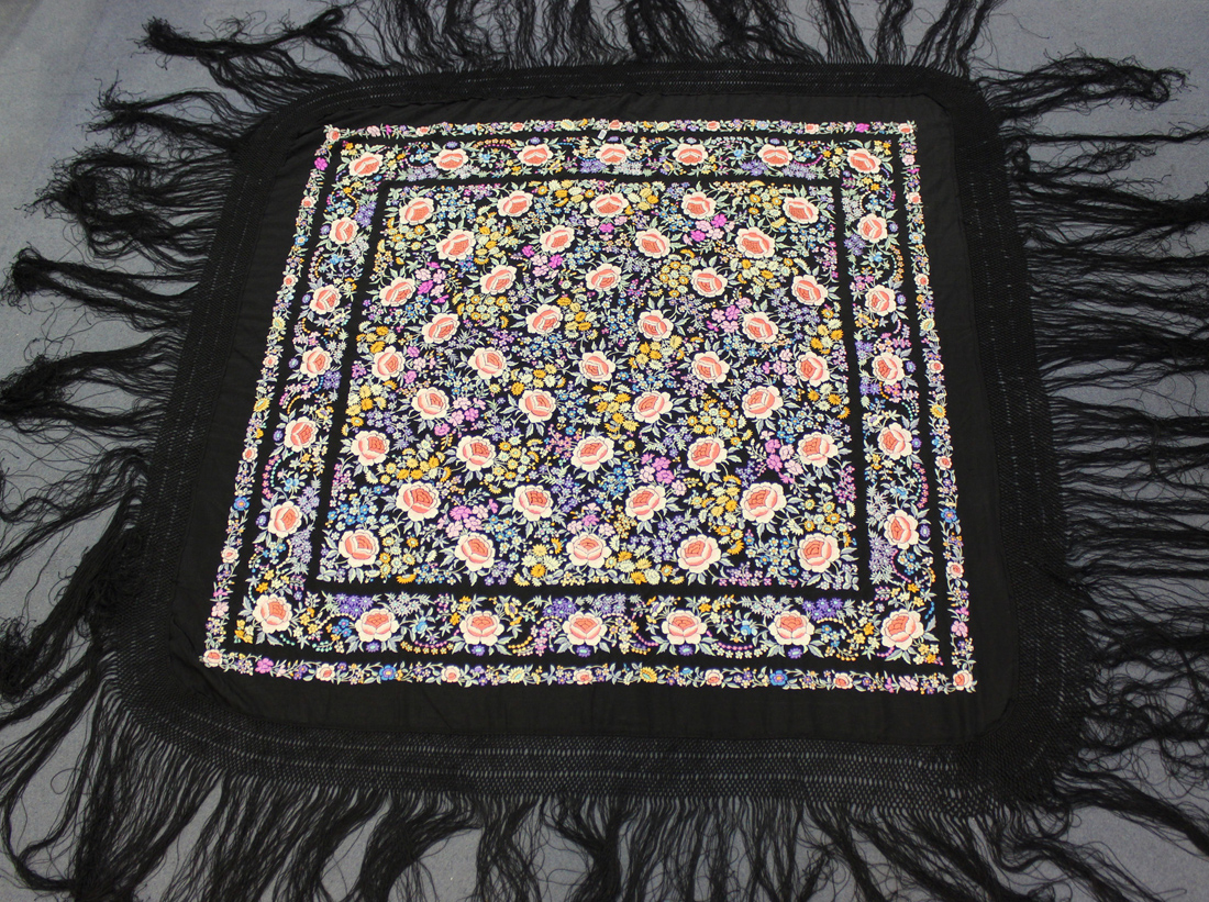 Two Chinese black silk embroidered shawls, early 20th century, each finely worked in coloured - Image 5 of 6