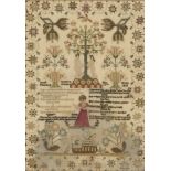 A George IV needlework sampler by Sarah Sanders, dated January 16th 1828, worked with two columns of