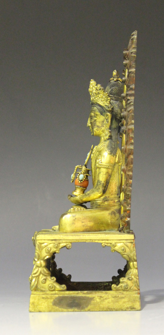 A Sino-Tibetan gilt bronze figure of Amitayus, mark of Qianlong but probably later, modelled - Image 4 of 6