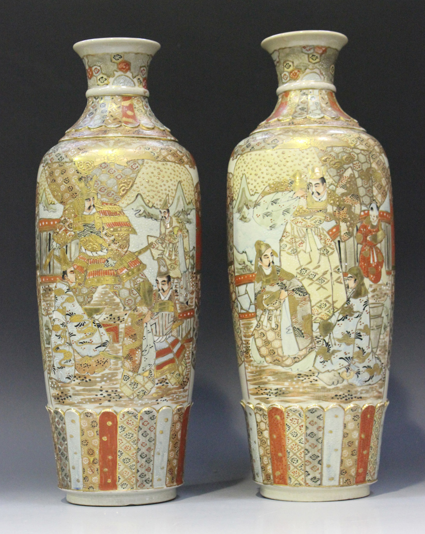 A pair of Japanese Satsuma earthenware vases, Meiji period, each of slender shouldered tapering - Image 6 of 7