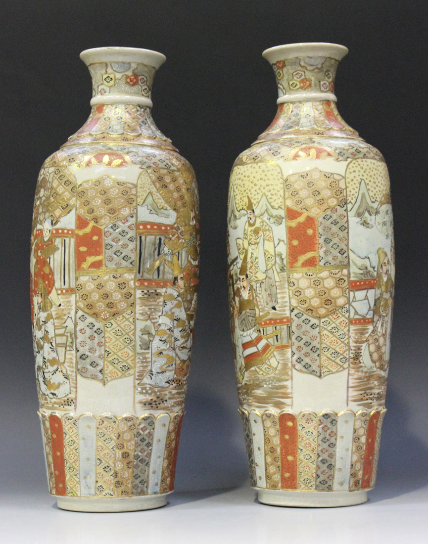 A pair of Japanese Satsuma earthenware vases, Meiji period, each of slender shouldered tapering - Image 7 of 7