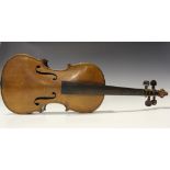 A violin with two-piece back, length of back excluding button 34.8cm.