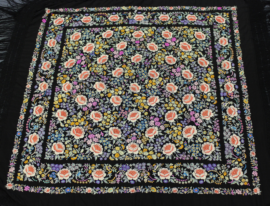 Two Chinese black silk embroidered shawls, early 20th century, each finely worked in coloured - Image 2 of 6