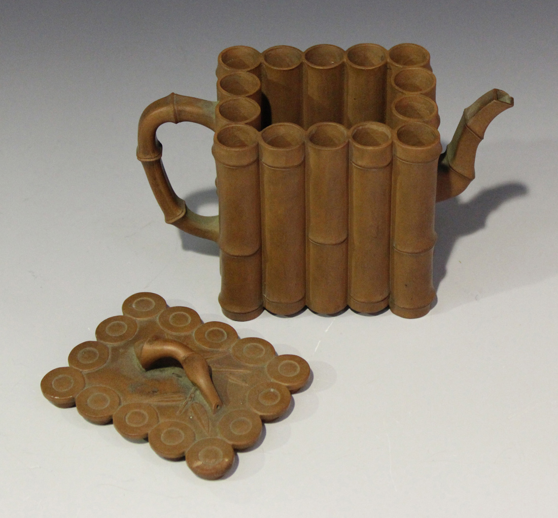 A Chinese Yixing stoneware teapot and cover, late Qing dynasty, of bamboo moulded rectangular - Image 5 of 7