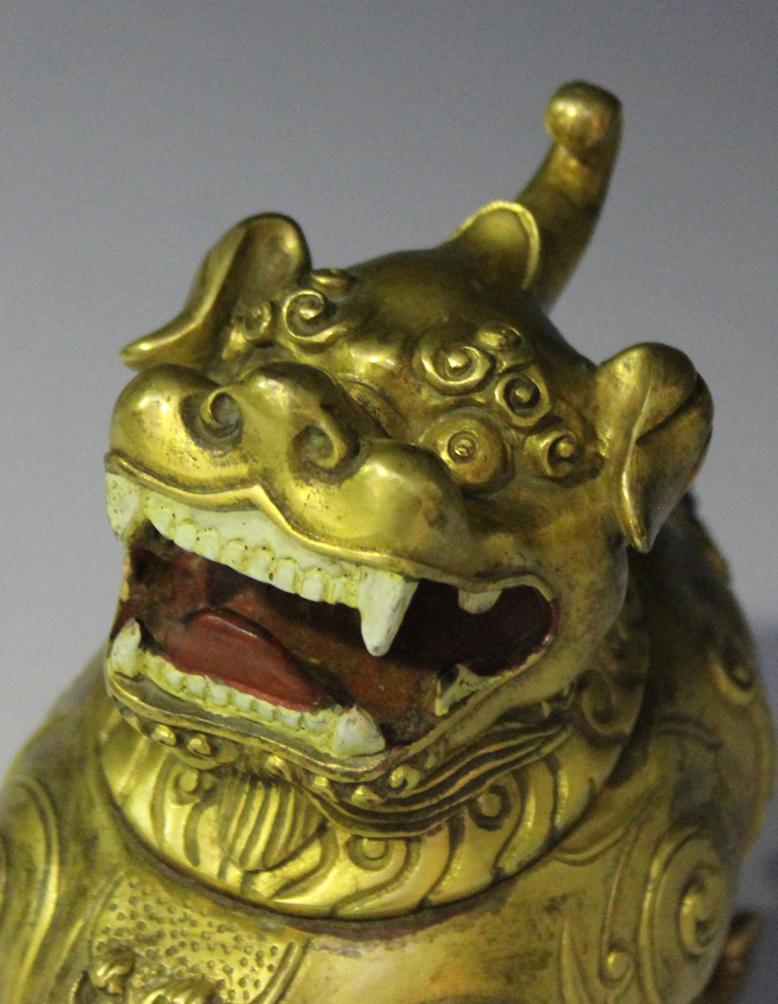 A Chinese cast gilt bronze incense burner in the form of a chimera, mark of Yongzheng but probably - Image 3 of 7