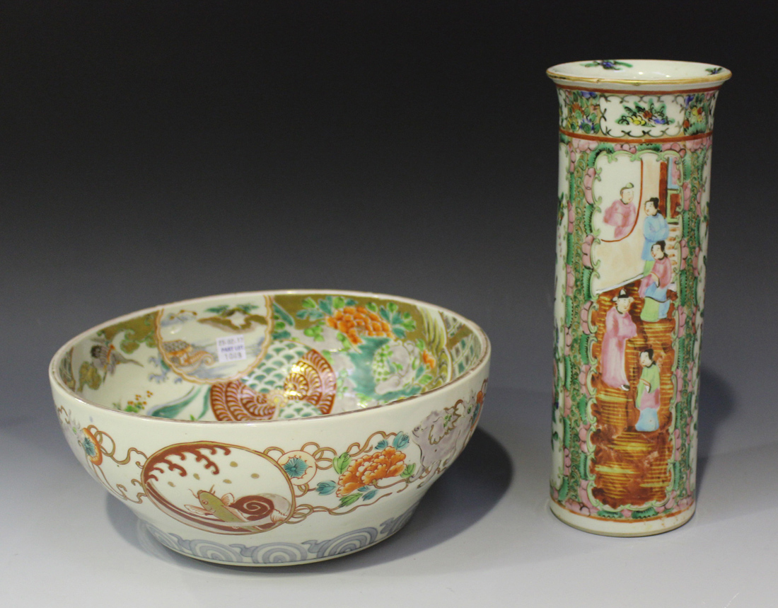 A Chinese Canton famille rose porcelain vase, late 19th century, of cylindrical form, painted with