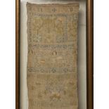 A 17th century silk embroidered rectangular panel, worked with overall horizontal bands of