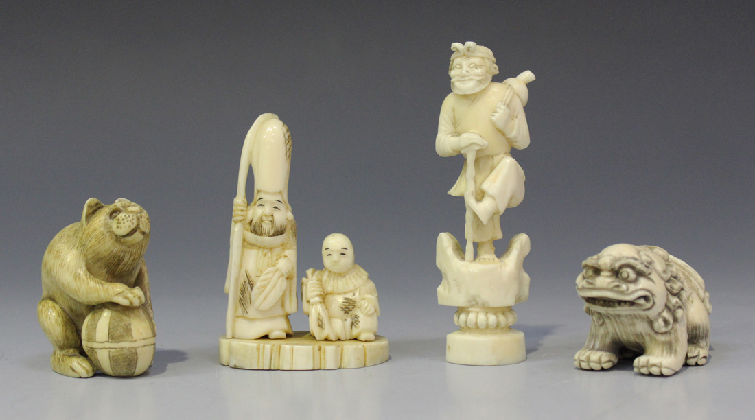 Two Japanese carved ivory okimono figures, Meiji period, one modelled as Gamma Sennin, the other