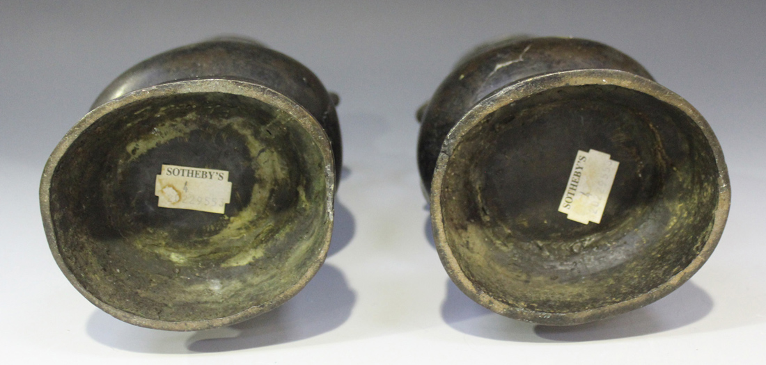 A pair of Chinese archaistic bronze hu vases, early Ming dynasty, each pear form body cast in relief - Image 3 of 3