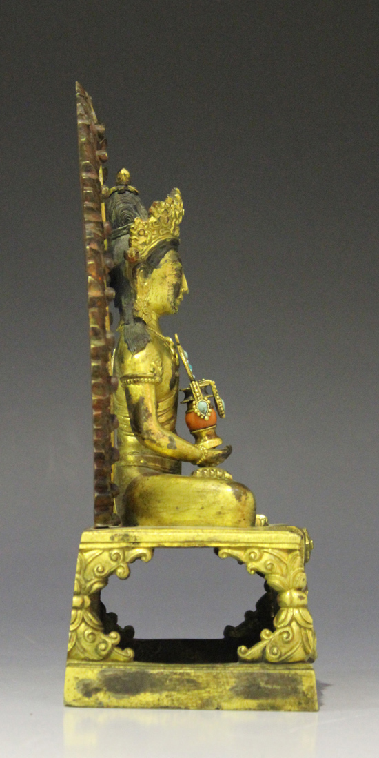 A Sino-Tibetan gilt bronze figure of Amitayus, mark of Qianlong but probably later, modelled - Image 6 of 6