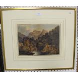 Hollingworth - Mountainous Landscape with Cloaked Figures on the Bank of a River, watercolour,