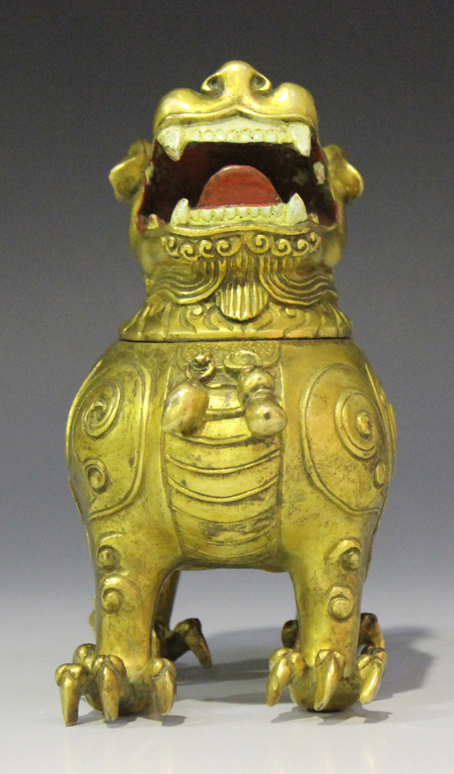 A Chinese cast gilt bronze incense burner in the form of a chimera, mark of Yongzheng but probably - Image 4 of 7