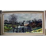 Nicholas Bristow - River Landscape with Buildings, oil on board, signed, 59cm x 120cm, within a