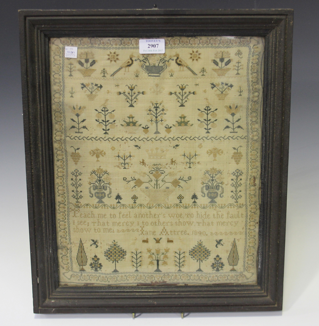 An early Victorian needlework sampler by Jane Attree, dated 1840, worked with overall bands of - Image 3 of 3