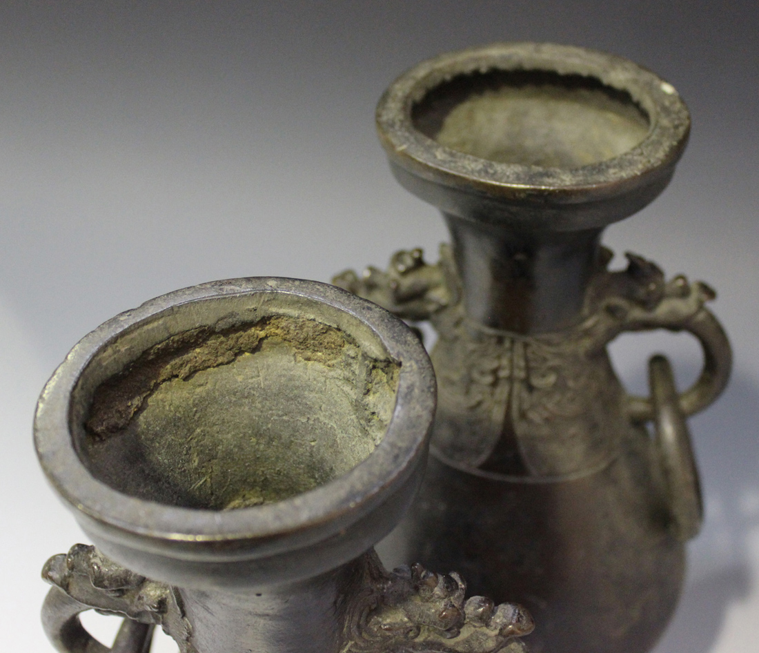 A pair of Chinese archaistic bronze hu vases, early Ming dynasty, each pear form body cast in relief - Image 2 of 3