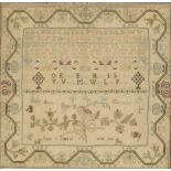 A George III needlework sampler by Ann Ch?, dated June 13 1780, worked with bands of letters and