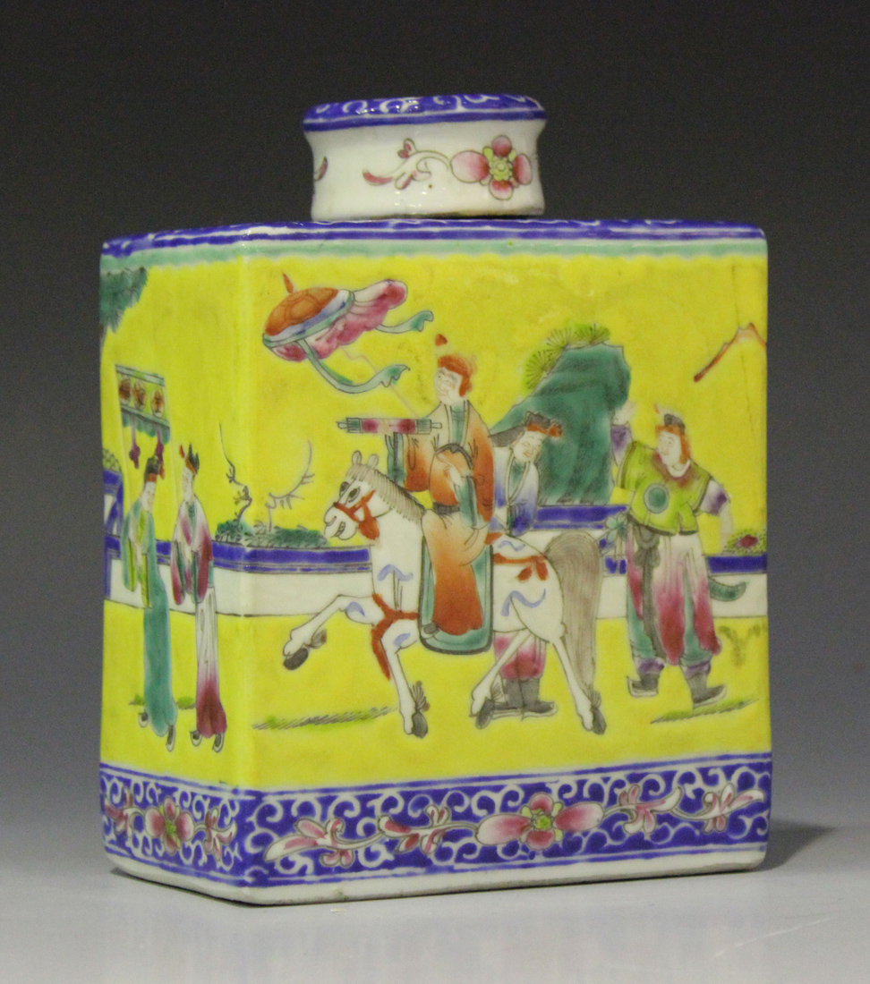 A Chinese famille rose yellow ground porcelain tea caddy and cover, late Qing dynasty, of