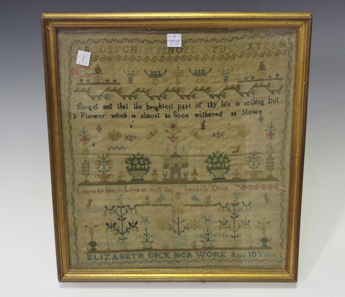 An early Victorian needlework sampler by Jane Attree, dated 1840, worked with overall bands of - Image 2 of 3