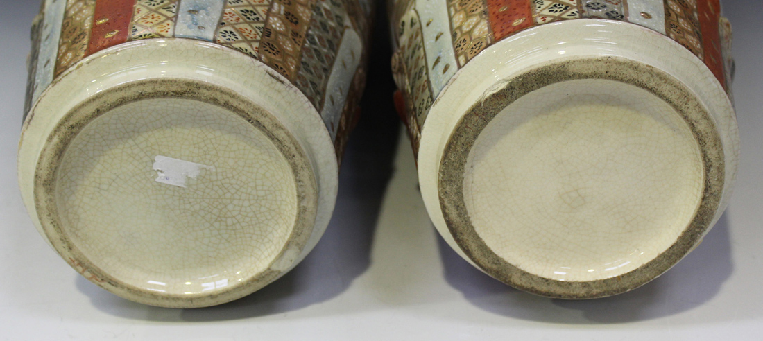 A pair of Japanese Satsuma earthenware vases, Meiji period, each of slender shouldered tapering - Image 2 of 7