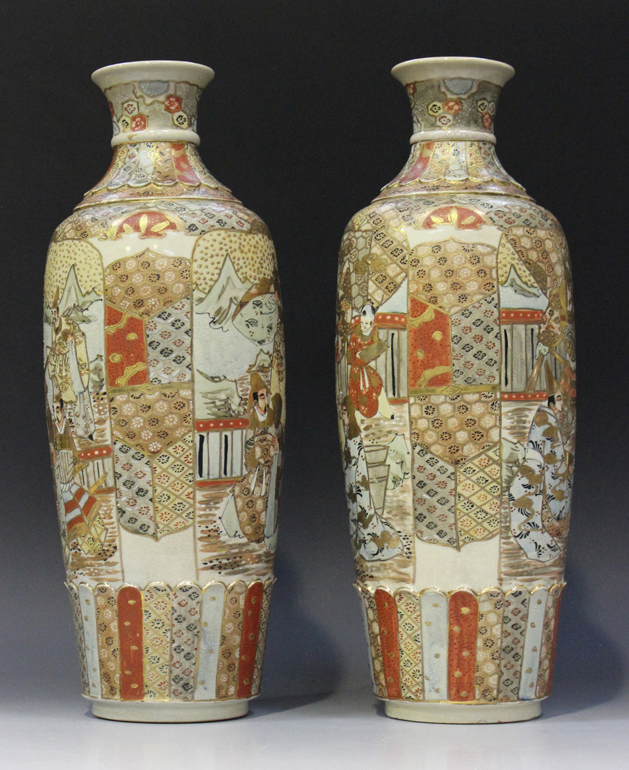 A pair of Japanese Satsuma earthenware vases, Meiji period, each of slender shouldered tapering - Image 5 of 7