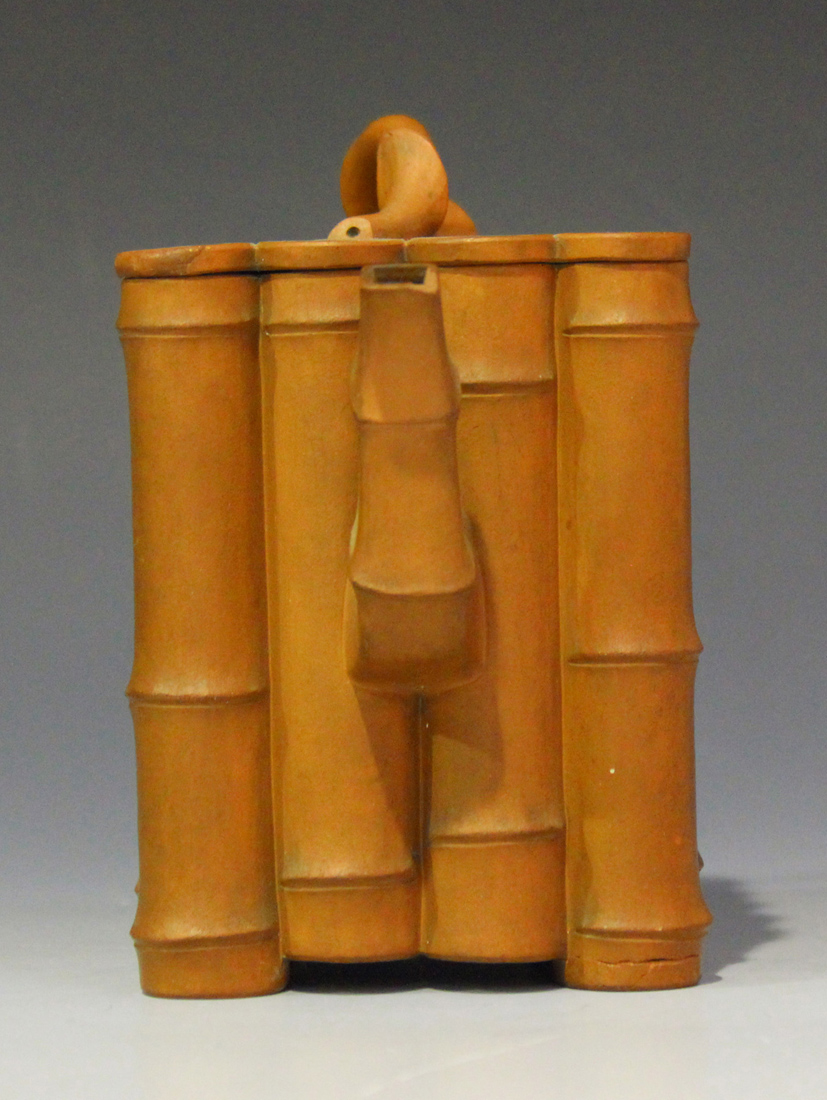 A Chinese Yixing stoneware teapot and cover, late Qing dynasty, of bamboo moulded rectangular - Image 2 of 7