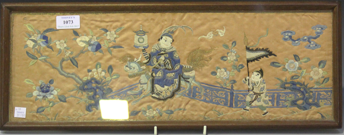 A Chinese silk embroidered rectangular panel, late 19th century, worked in coloured and gilt threads