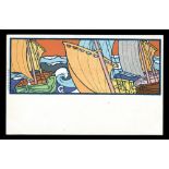 An Art Nouveau colour lithographed postcard by Gisbert Combaz, circa 1900, of sailing boats at sea.