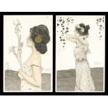 A group of 9 postcards by Raphael Kirchner, including 2 from the 'Greek vergins' series and 3 from