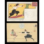 An album containing 44 postcards of fencing interest, together with another album of related