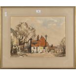 Edward Wesson - Village Scene with Memorial Cross, watercolour, signed, 34cm x 46cm, within a gilt