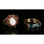 A 9ct gold, opal and ruby set oval cluster ring, ring size approx O, and a 9ct gold, diamond and