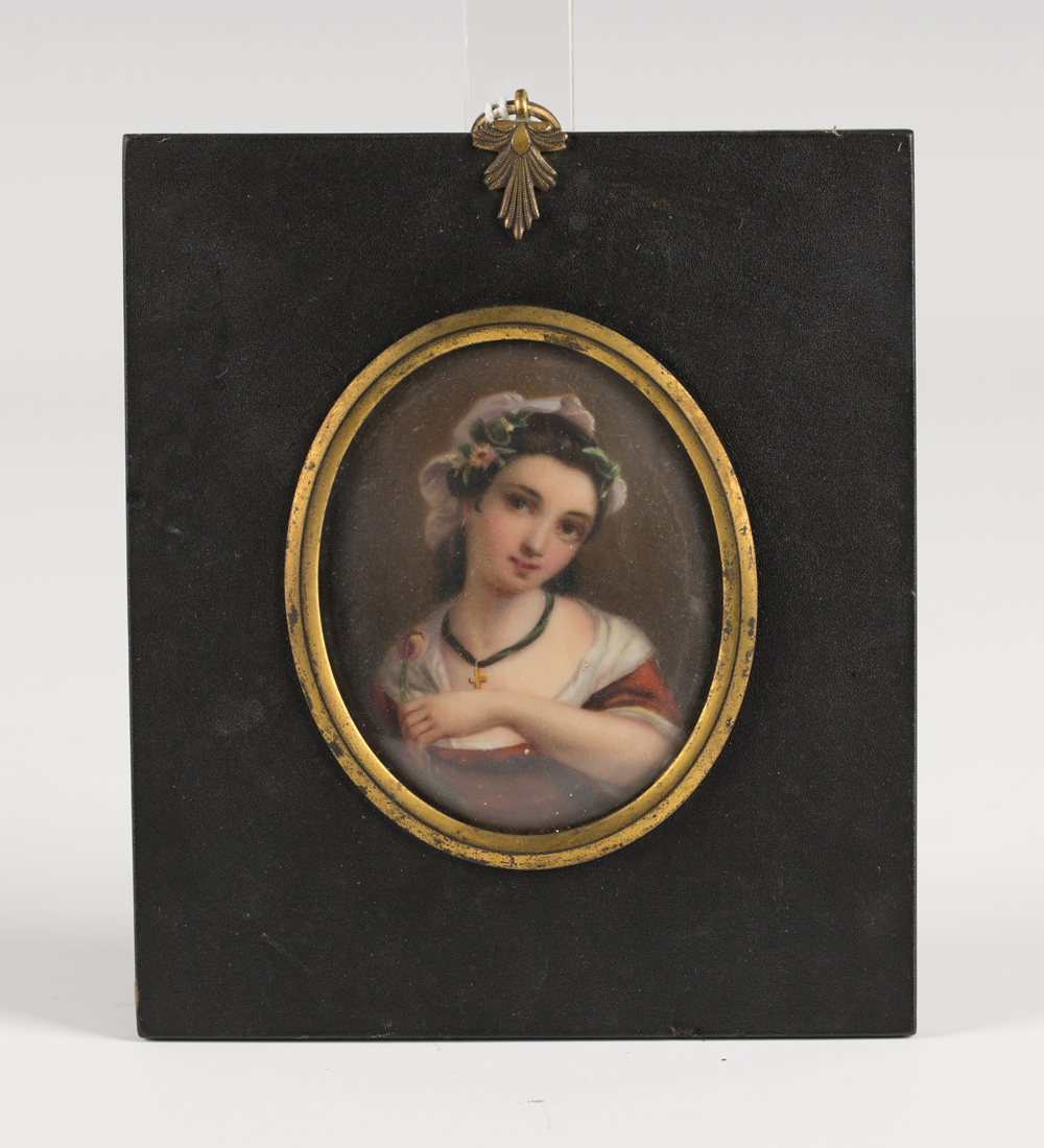 Continental School - Oval Miniature Portrait of a Lady holding a Tulip, enamels on porcelain, 7cm