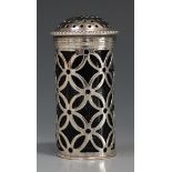 A George III silver pepper caster of cylindrical form, the domed lid with beaded rim, the sides with