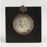 Continental School - Tondo Miniature Portrait of a Lady wearing a Lace Shawl, 19th century