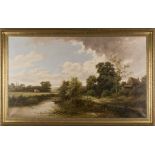 R. Percy - View of a River with Harvesting in the distance, late 19th century oil on canvas, signed,