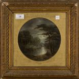 Robert Burrows - Tondo Moonlit River View, 19th century oil on panel, signed, diameter 19.5cm,