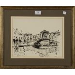 Edward Wesson - View of the Rialto Bridge, Venice, pen and ink, signed, 23.5cm x 31cm, within a gilt