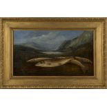 Circle of William Geddes - Brown Trout in a Mountainous Landscape, 19th century oil on canvas,