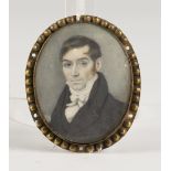 British School - Oval Miniature Portrait of a Gentleman, 19th century watercolour on ivory, 6.5cm