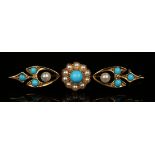 A gold, turquoise and seed pearl cluster bar brooch, mounted with the principal turquoise within a