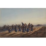 Orlando Norie - Algerian Tirailleurs in a Barren Landscape, late 19th century watercolour, signed,