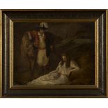 British School - Soldier and Lady, oil on canvas, 24cm x 31cm, within a stained and gilt frame.