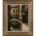 Pam Masco - Venetian View, late 20th century oil on board, signed, 36cm x 28cm, within a gilt frame.
