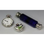 A Victorian silver mounted Bristol blue facet cut double ended scent bottle, each hinged and screw